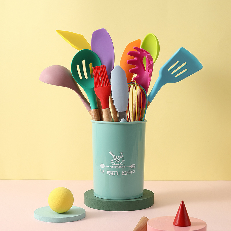 Silicone Kitchen Utensil Set with Wooden Handle
