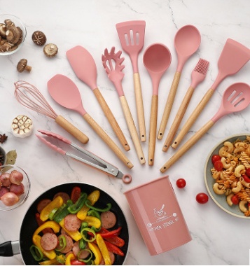 Silicone Kitchen Utensil Set with Wooden Handle - Image 4