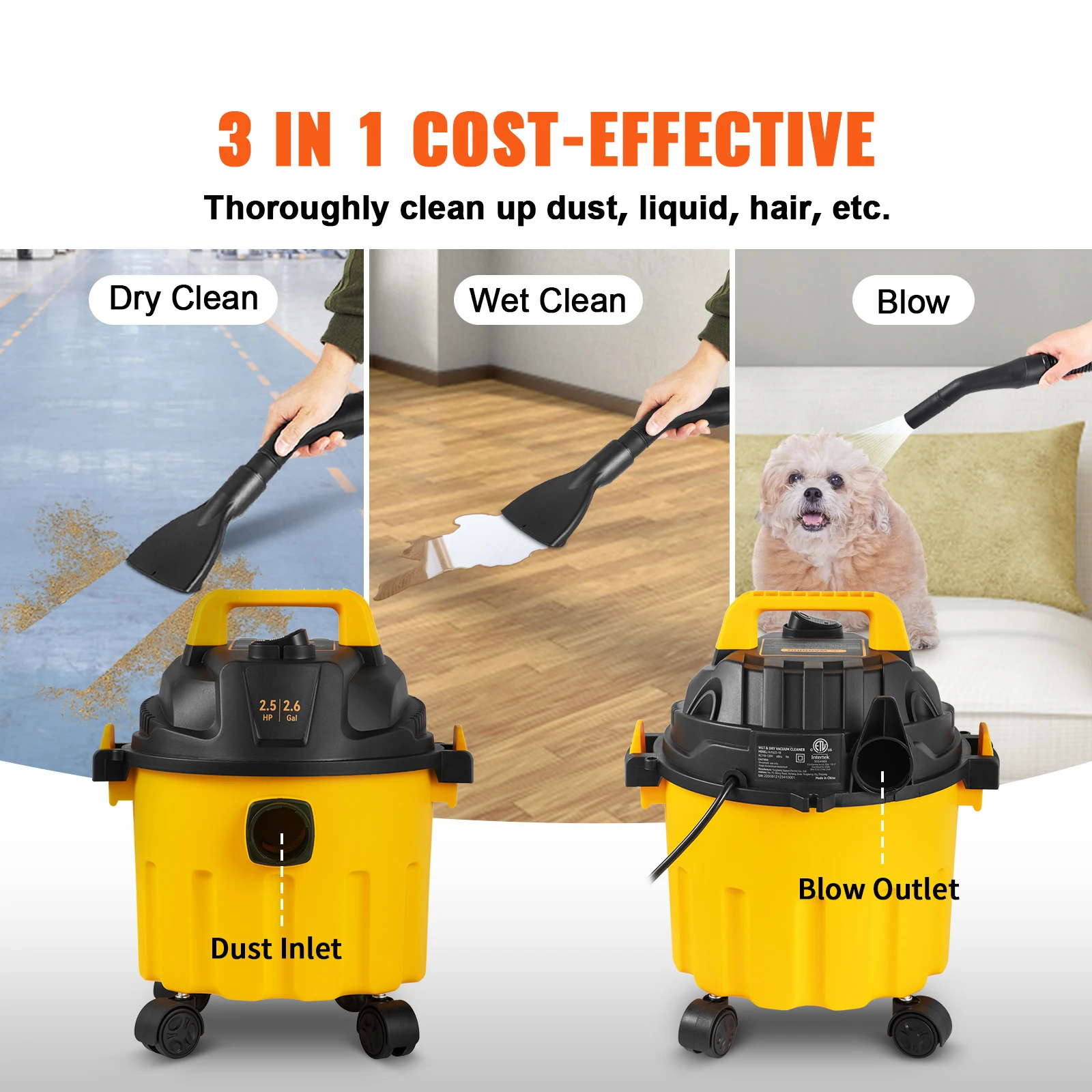 VEVOR Wet Dry Vac, 2.6 Gallon, 2.5 Peak HP, 3 in 1 Portable Shop Vacuum with Blowing Function, Attachments Storage, Perfect for Cleaning Floor - Image 3